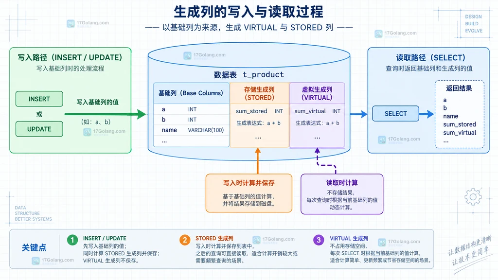 MySQL 生成列 VIRTUAL 与 STORED 的计算时机静态说明图