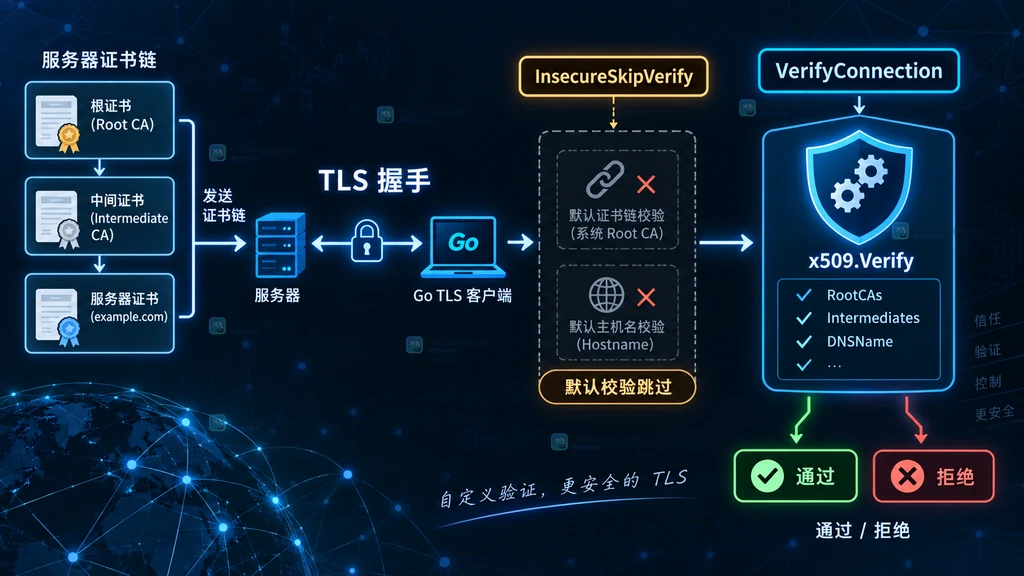 Go TLS 开启 InsecureSkipVerify 后通过 VerifyConnection 恢复自定义验证的流程图