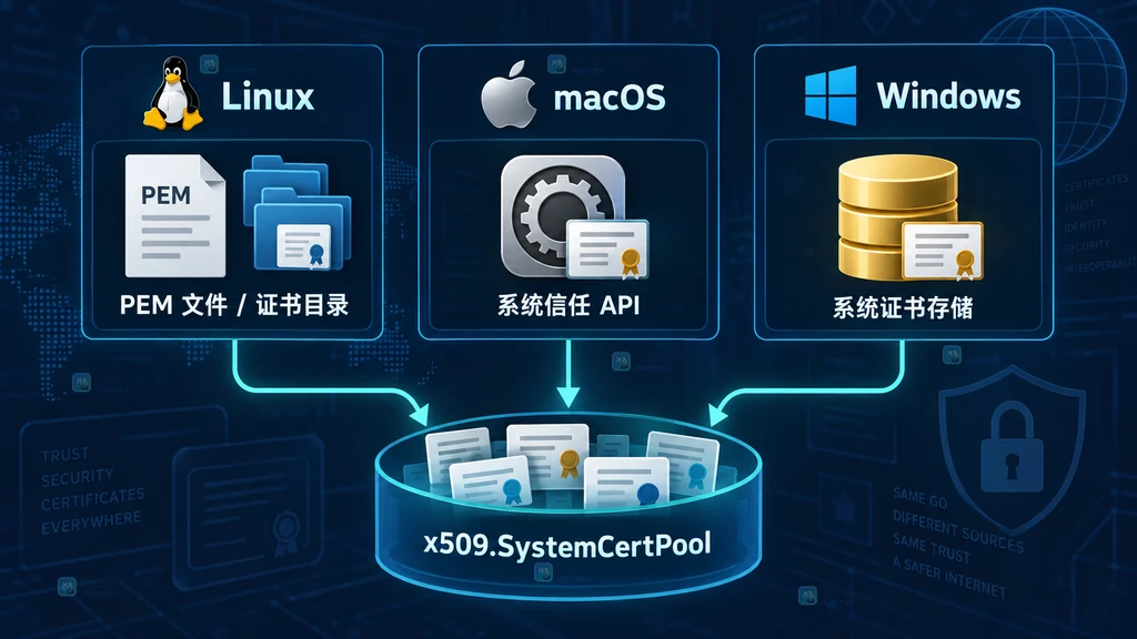 Linux PEM 文件目录、macOS 系统信任接口和 Windows 证书存储共同说明 SystemCertPool 平台差异的原创示意图