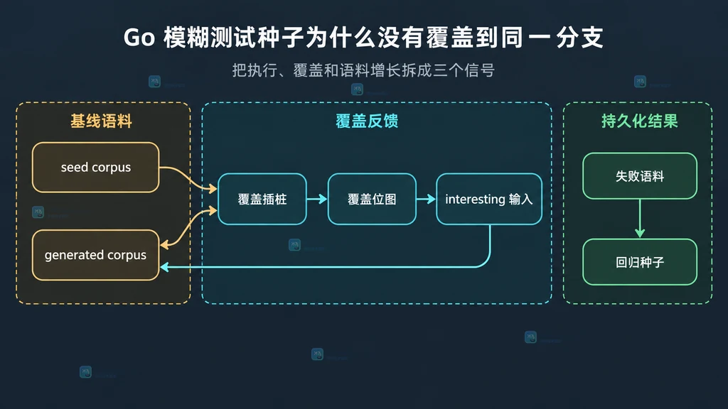 Go fuzzing 基线语料、覆盖反馈和持久化结果的静态关系图