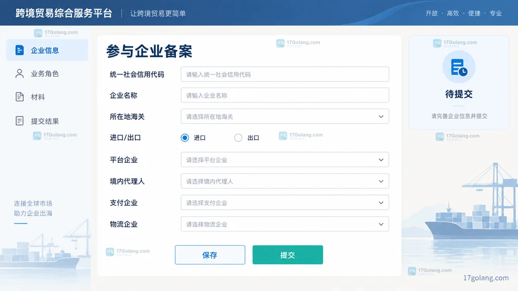 跨境电商企业备案原创界面说明图,展示企业角色、基础信息和提交状态