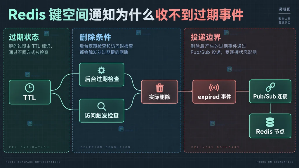 Redis TTL、实际删除、expired 事件、Pub/Sub 连接和集群节点的静态边界图