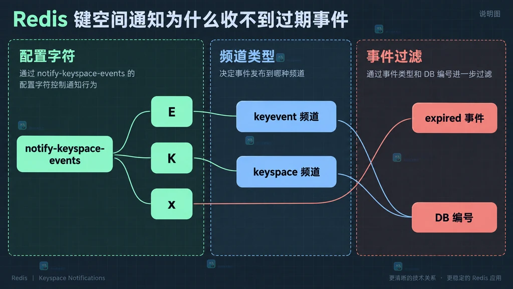 Redis 通知配置字符、频道类型、数据库编号与 expired 事件的静态关系图