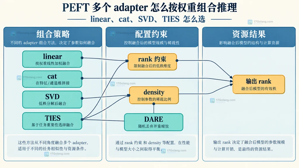 PEFT 基础模型、多个来源 adapter、权重配置与组合 adapter 的静态关系图