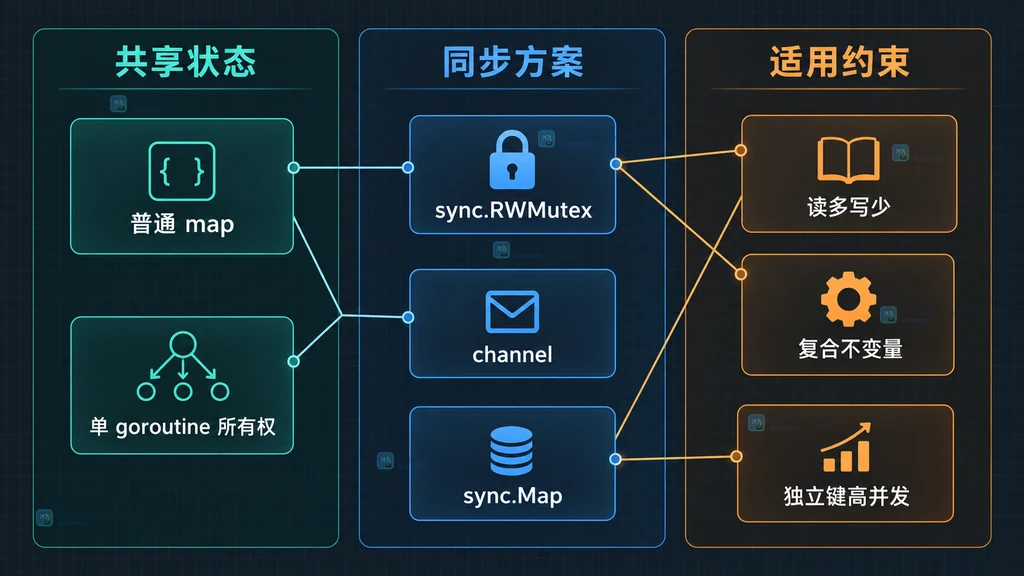 Go map 使用 RWMutex、单 goroutine 所有权与 sync.Map 的适用约束静态关系图