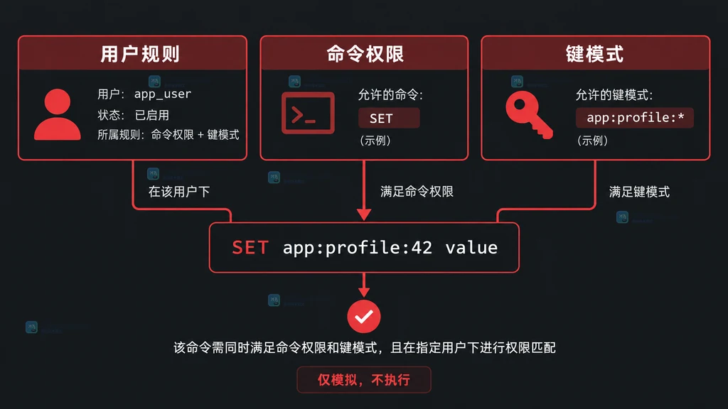 Redis ACL DRYRUN 中用户规则、命令权限和键模式共同匹配完整命令的结构说明