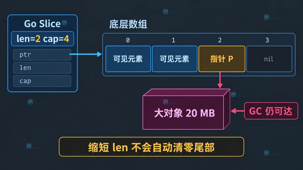 Go 切片缩短长度后底层数组尾部指针仍指向大对象的内存关系