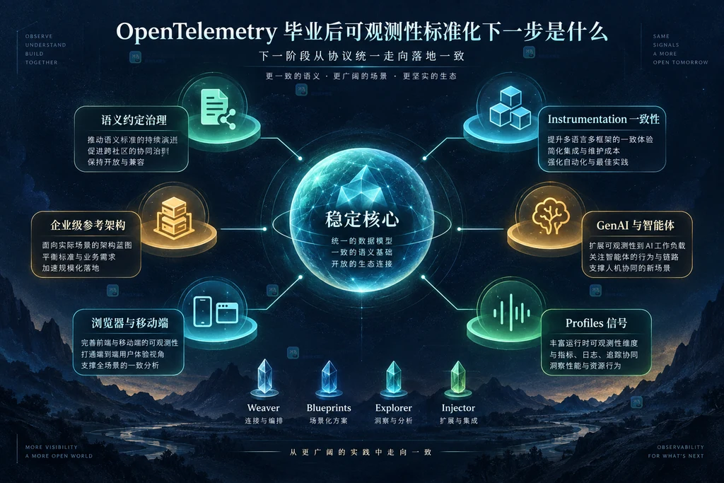 OpenTelemetry 稳定核心连接语义治理、Instrumentation、企业架构、GenAI、客户端和 Profiles 的方向关系