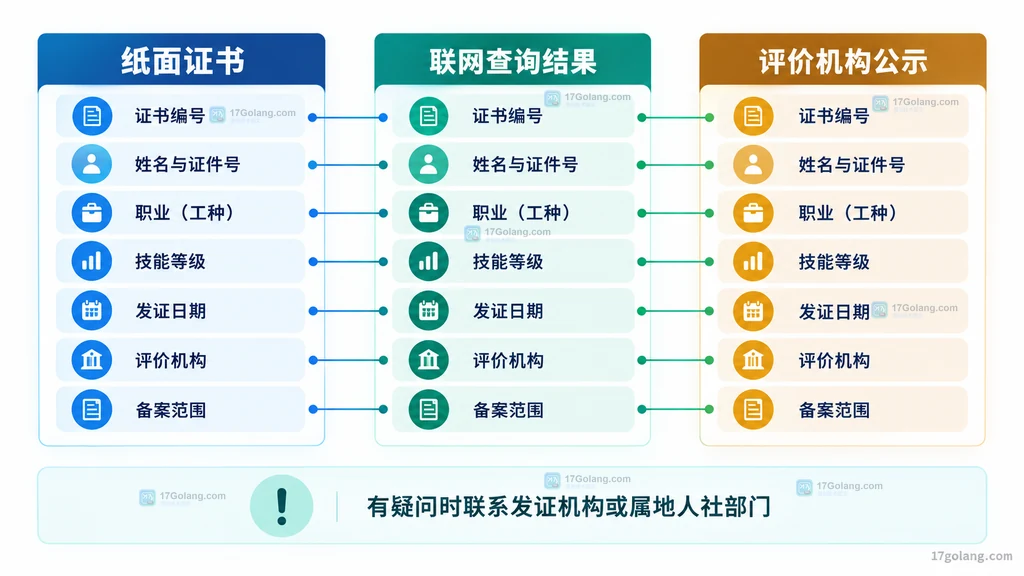 纸面证书、联网查询结果和评价机构公示信息交叉核对的原创结构图