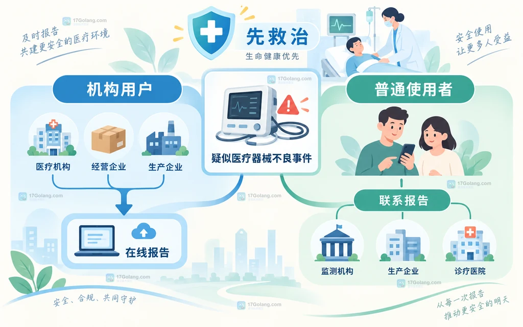 医疗器械不良事件按机构用户和普通使用者分流的报告渠道说明图