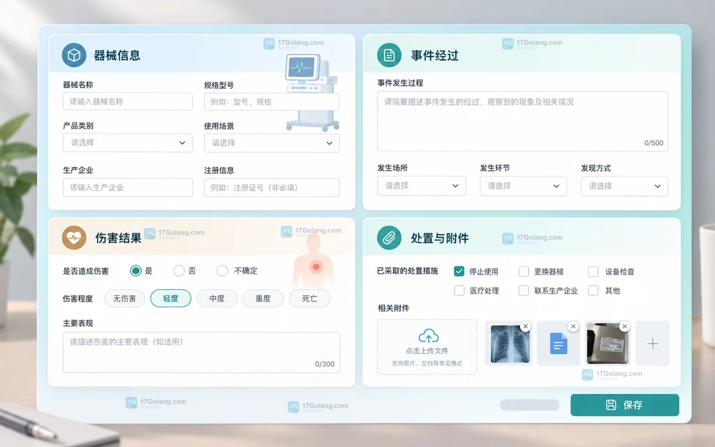 医疗器械不良事件在线报告表单的四类信息区块原创示意图