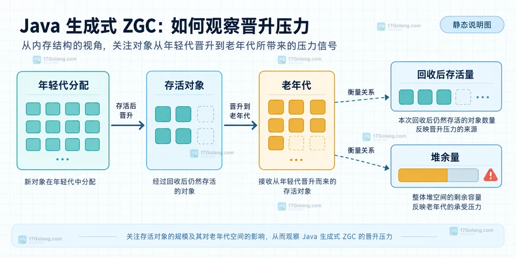 Java 分代 ZGC 中年轻代存活对象进入老年代并形成压力的静态结构说明图