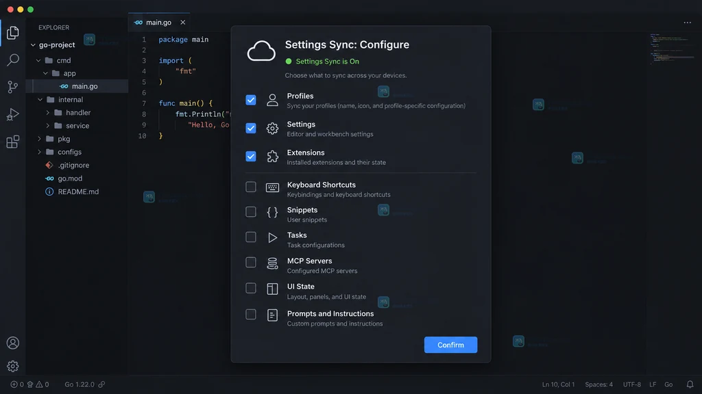 原创 Settings Sync 配置界面说明图,展示仅选择 Profiles、Settings 与 Extensions