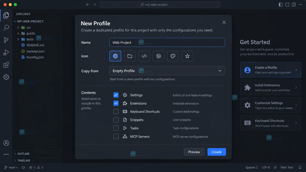 原创 VS Code Profile 创建表单界面说明图,展示名称、来源和配置类别选择
