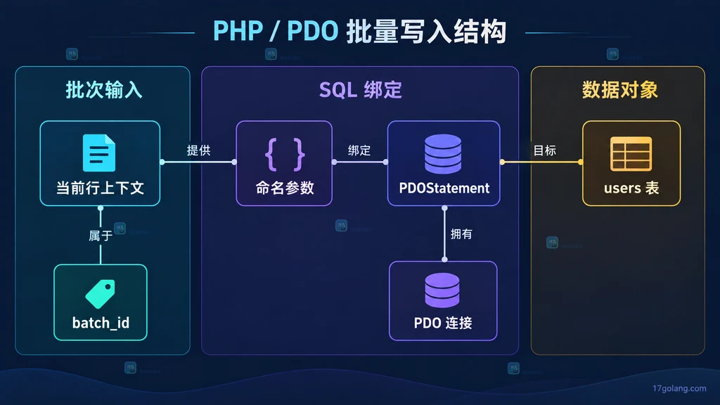 PDO 连接、预处理语句、当前行上下文和数据表之间的静态结构