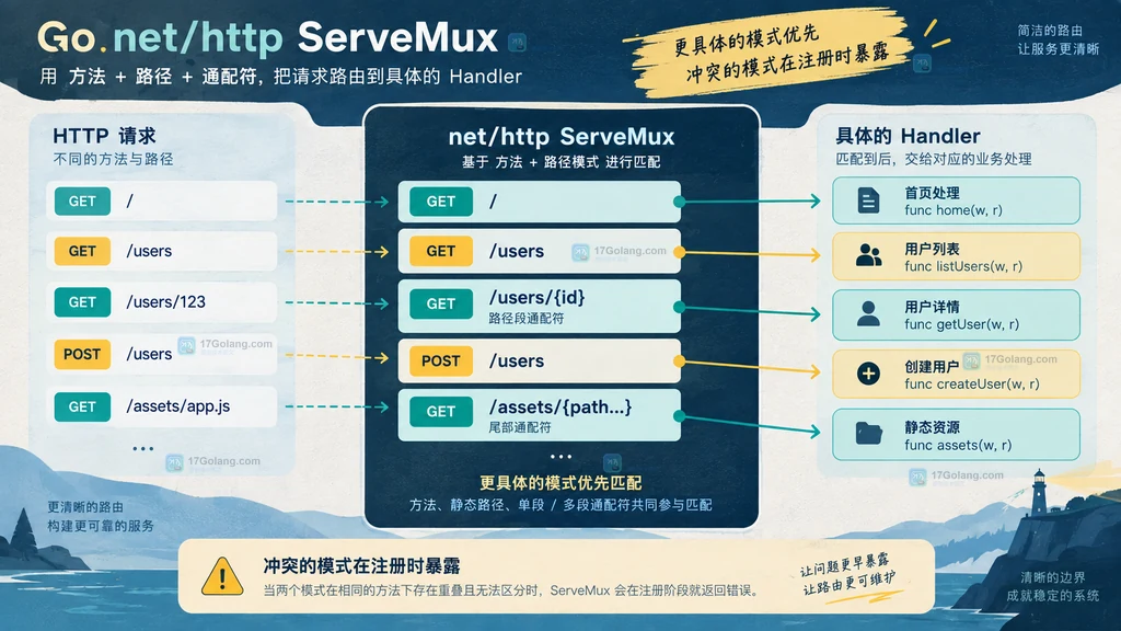 ServeMux 用方法、路径和通配符把 HTTP 请求匹配到具体 Handler 的静态说明图