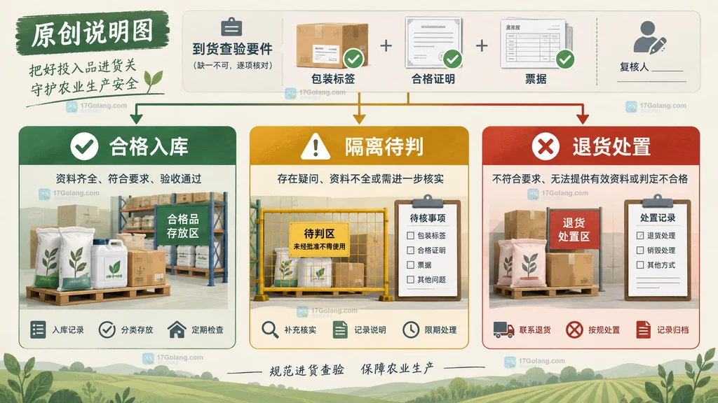 农业投入品到货核对包装标签合格证明票据后分流到合格入库隔离待判和退货处置的说明图