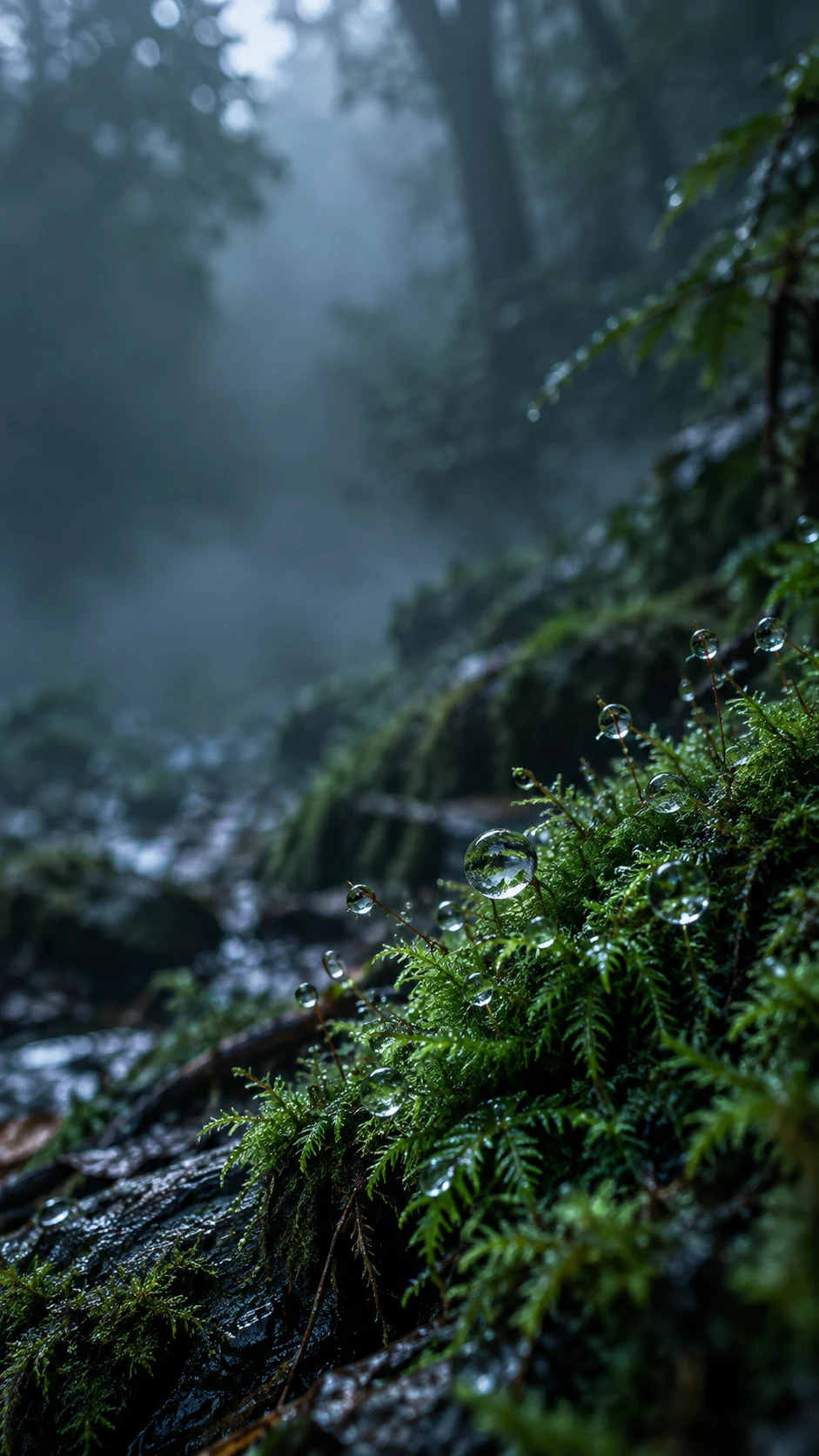 深绿苔藓与透明水珠的雨后微距原创手机壁纸,顶部保留锁屏留白