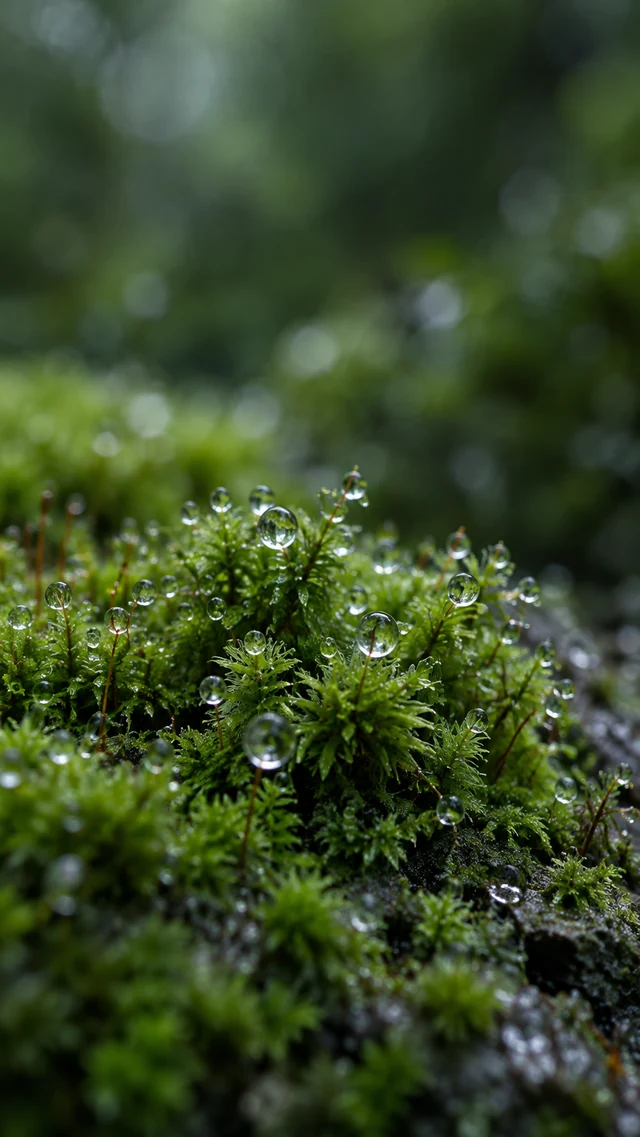 深绿苔藓与透明水珠的雨后微距手机壁纸提示词