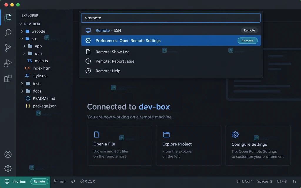原创说明图:VS Code Remote SSH 窗口中打开远端设置入口