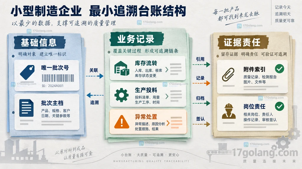 批次主档、库存流转、生产投料、异常处置和附件索引的记录关系