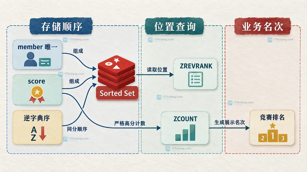 Redis Sorted Set 同分顺序与业务并列名次关系图