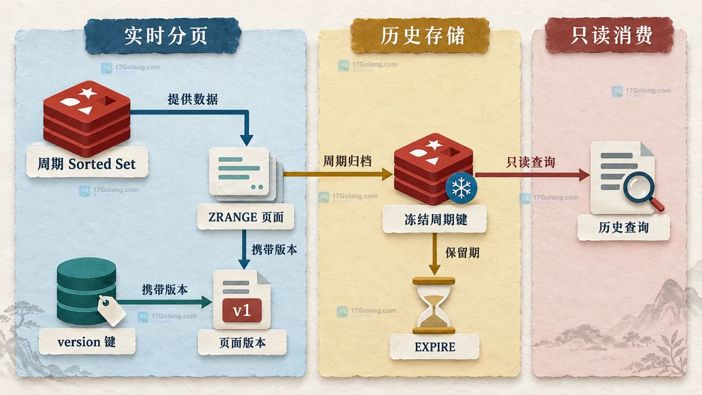 Redis 排行榜版本化翻页与周期历史键静态关系图