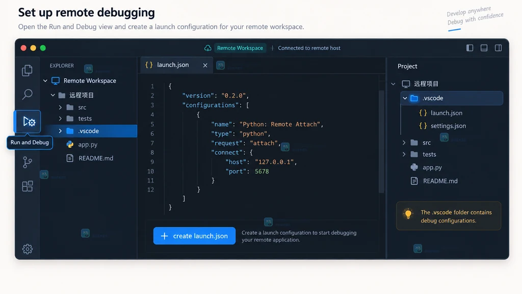 VS Code远程工作区中Run and Debug面板创建launch.json入口的界面说明图