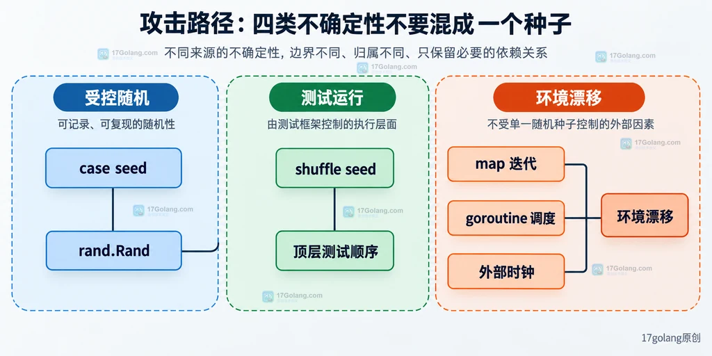 Go 测试中受控随机、测试乱序和环境漂移的静态边界关系