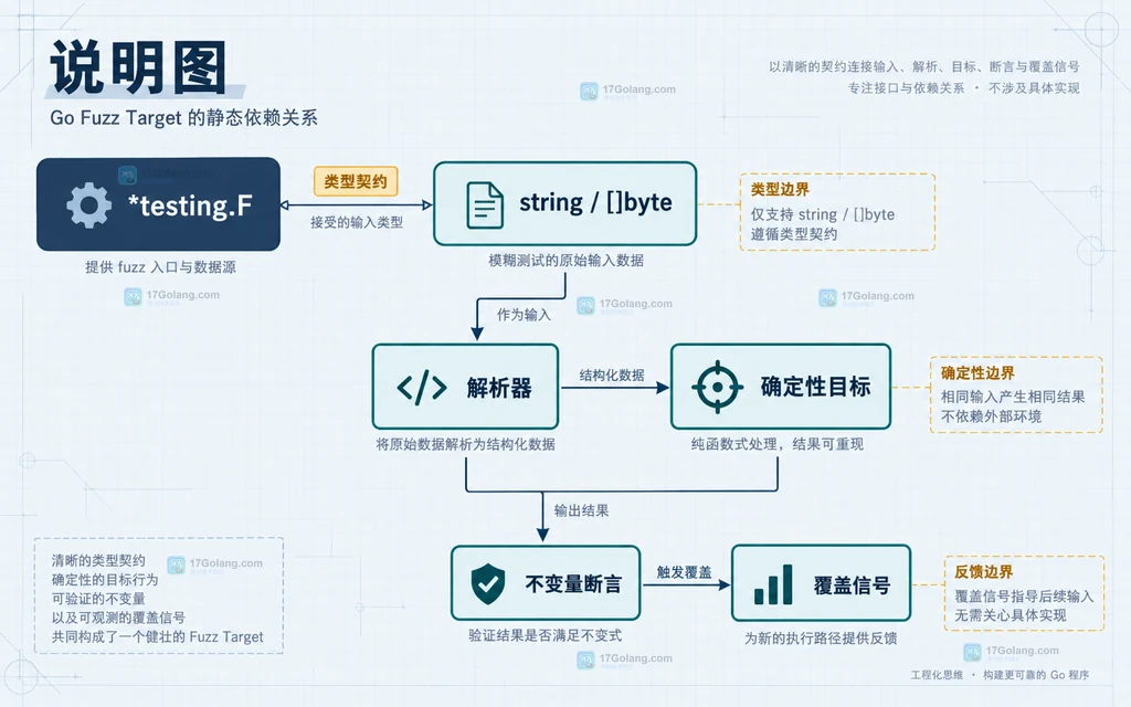 Go fuzz target 参数契约、解析器、断言和覆盖保留关系的静态结构说明图