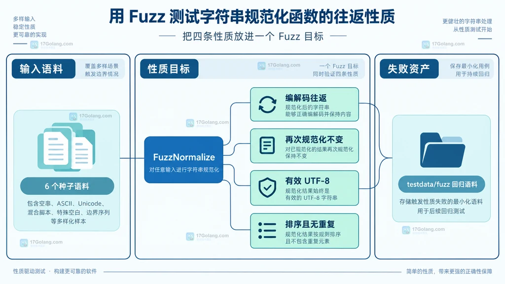 Go Fuzz种子语料、Fuzz目标、四条性质与失败回归语料的静态关系