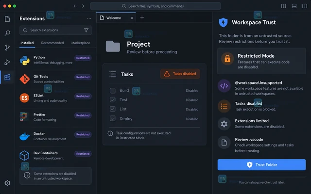 VS Code 用工作区信任隔离陌生仓库的扩展与任务