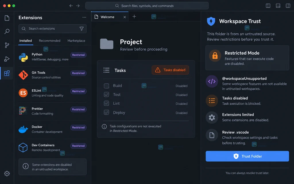 VS Code Restricted Mode 与 Manage Workspace Trust 工作区信任入口说明图