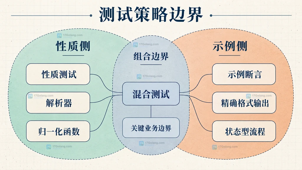 性质测试、示例断言和混合测试各自适用对象的静态边界关系