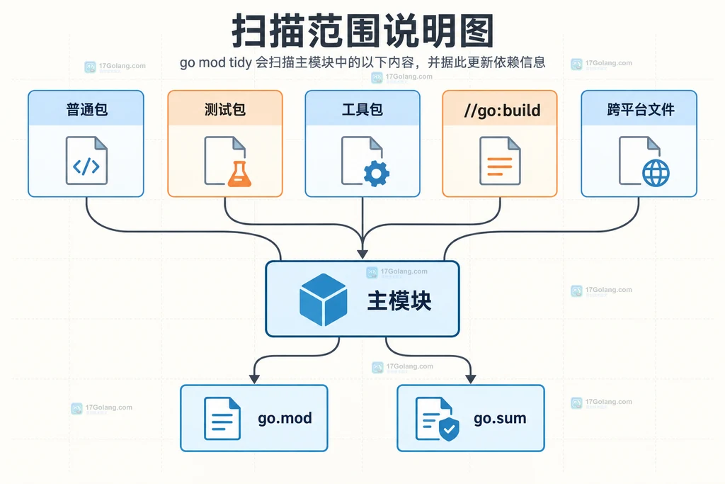 Go mod tidy 扫描主模块代码、测试、工具和构建标签并汇总到 go.mod 的范围说明图
