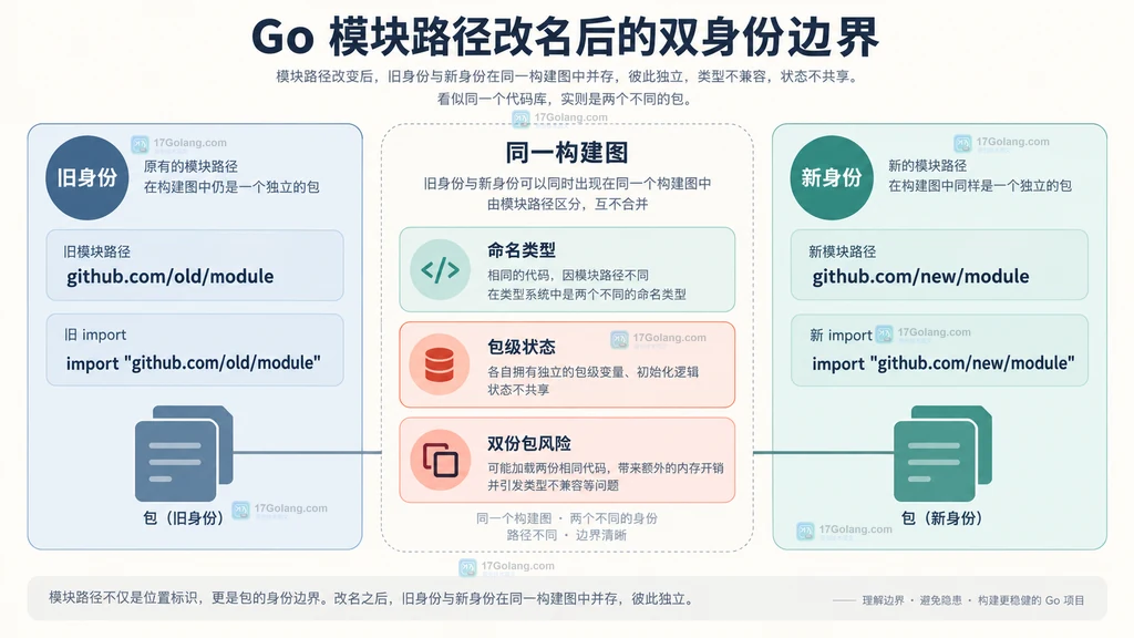 Go 模块旧路径与新路径形成两个包身份和双份状态风险的静态结构图