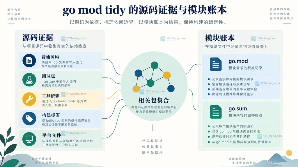 Go 源码包集合与 go.mod、go.sum 之间静态契约关系图