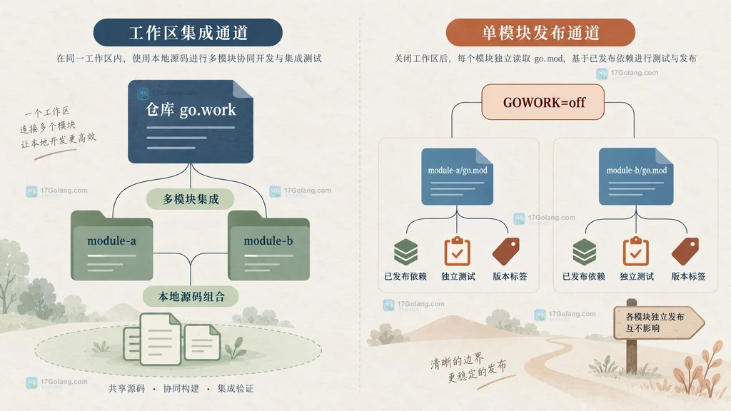Go 工作区集成测试与关闭工作区的单模块发布测试边界图