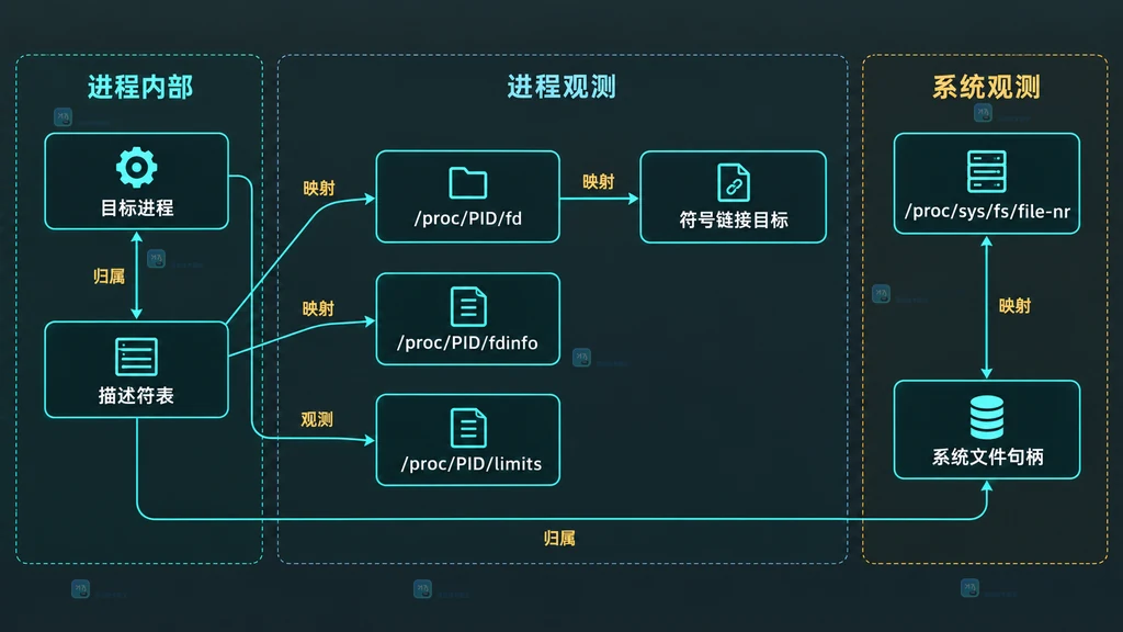进程文件描述符表与 procfs 的 fd、fdinfo、limits 和系统文件句柄统计关系