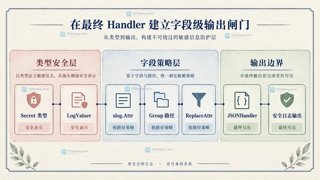 LogValuer、ReplaceAttr、JSONHandler 与日志输出之间的多层脱敏静态结构图