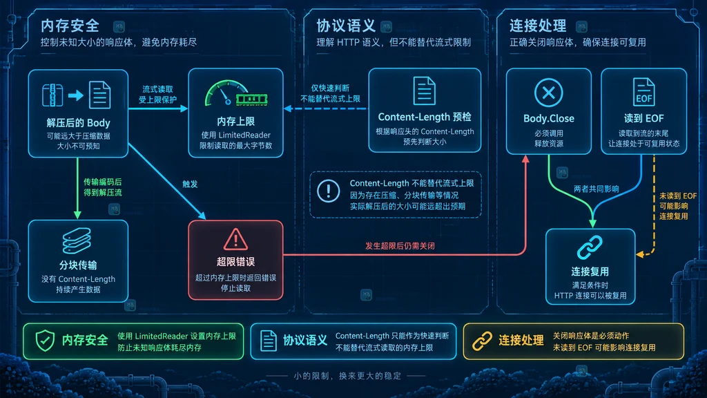 响应体内存上限、Content-Length、关闭与连接复用的关系