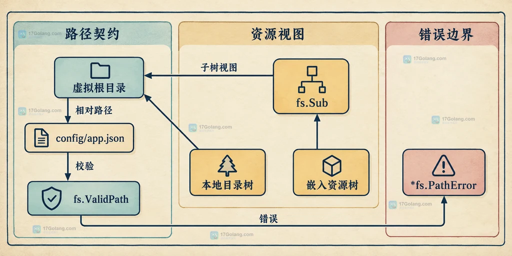 fs.FS 虚拟根目录、相对路径、fs.Sub 与 PathError 的静态路径契约图