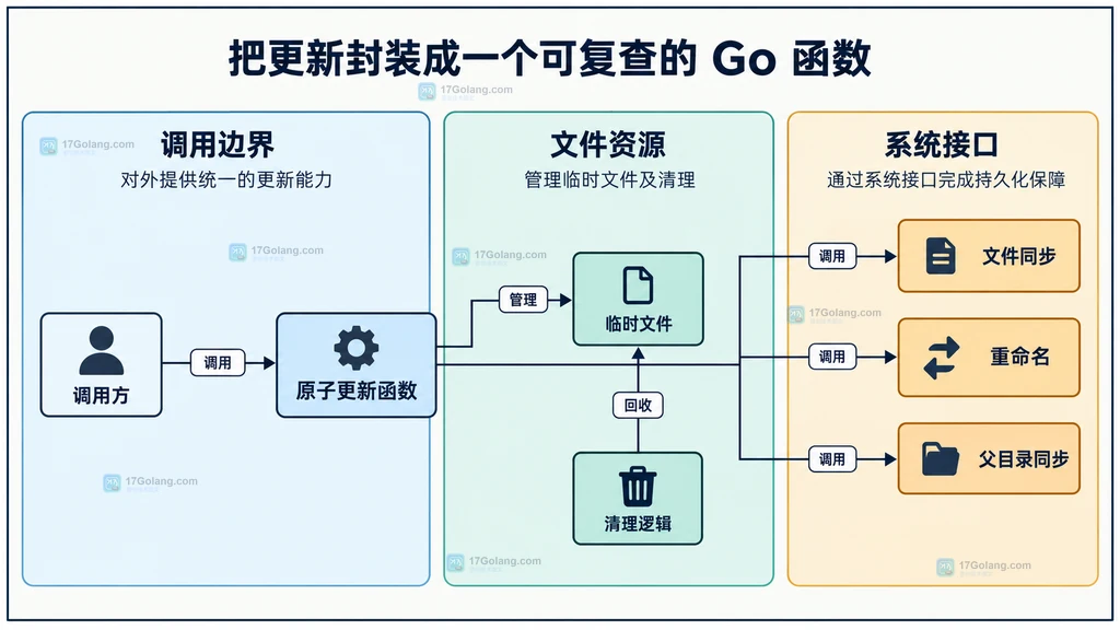 调用方、原子更新函数、临时文件与三个系统接口之间的静态调用结构图