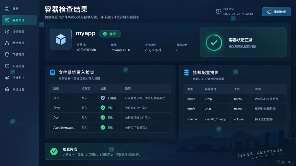 原创容器详情界面显示只读根目录与可写挂载验证通过