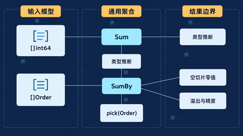 Go Sum 与 SumBy 对数值切片和结构体字段聚合的静态关系图