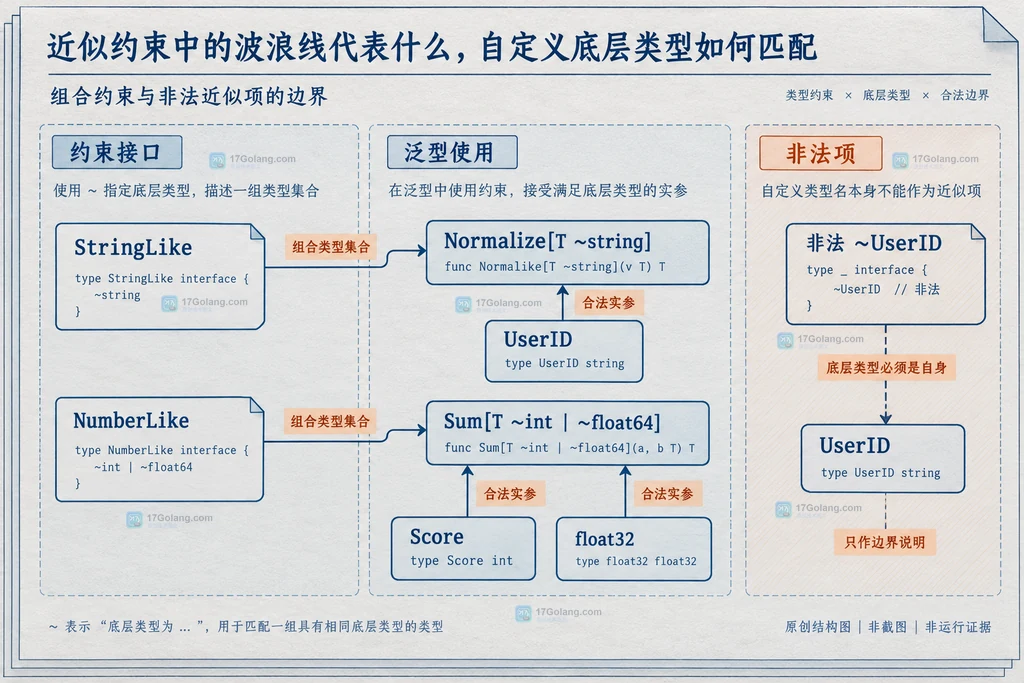 Go 泛型约束接口、Normalize 与 Add 组合类型集合及非法近似项边界结构图