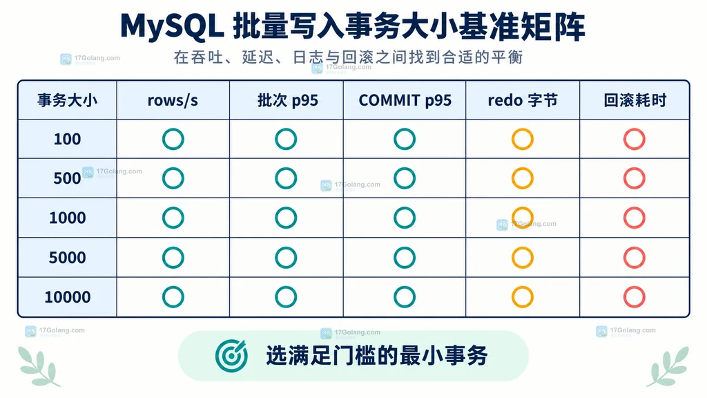 MySQL 批量写入事务大小候选值与吞吐、批次延迟、提交延迟、redo 和回滚成本的静态指标矩阵