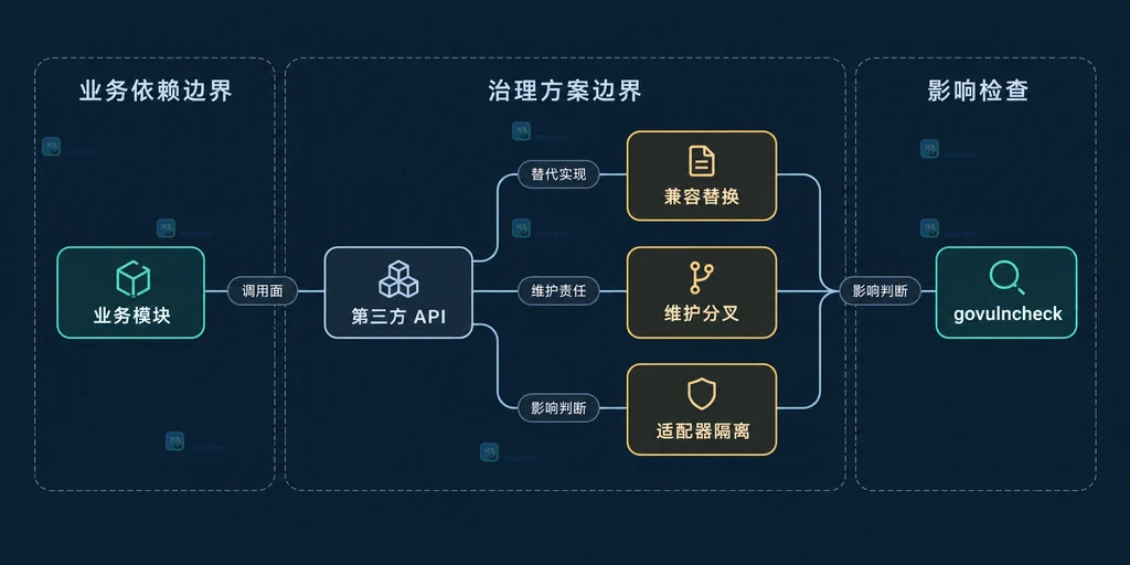 Go 第三方模块停止维护时业务模块、第三方 API、替换分叉隔离方案与 govulncheck 的依赖治理结构说明图