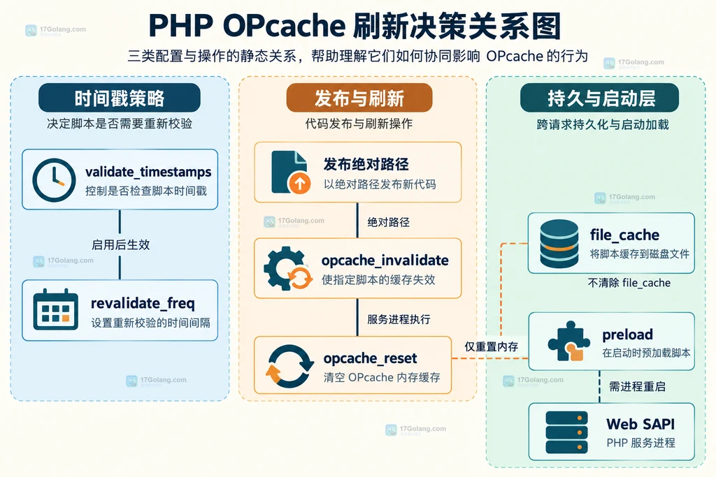 OPcache 时间戳策略、发布绝对路径、单文件失效、全量重置、二级文件缓存与预加载的静态关系图