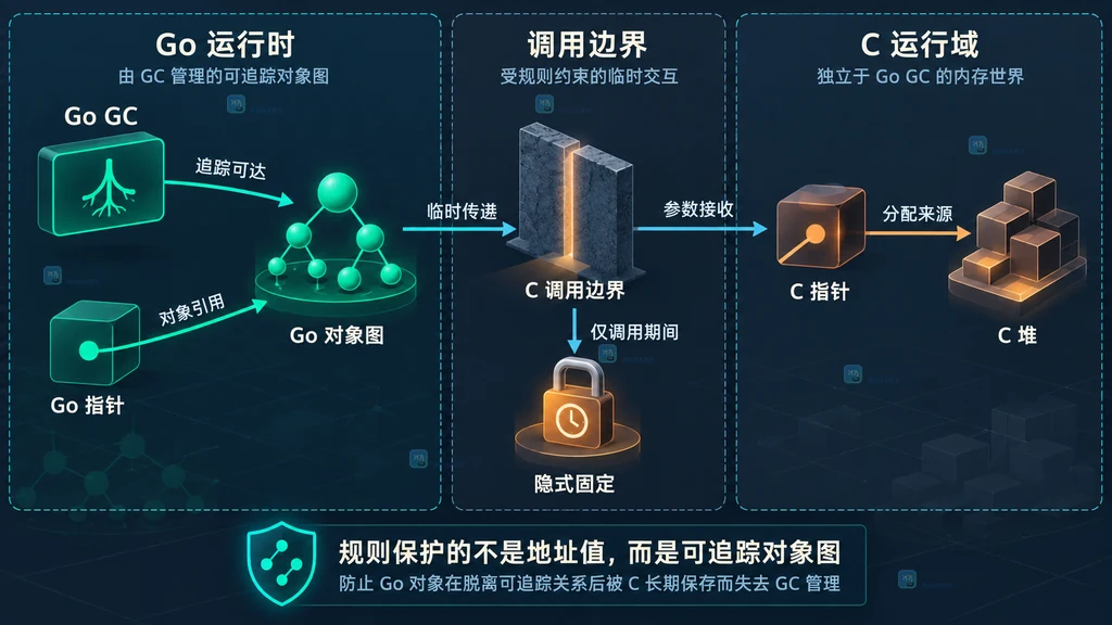 Go GC、Go指针、对象图、cgo调用边界、隐式固定、C指针与C堆之间的静态关系图